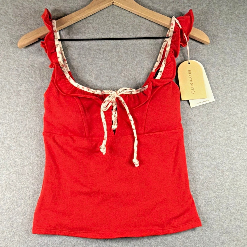 Blogilates Ruffle Lace Up Tie Tank Top Red XS Scoop Neck Stretch Yoga